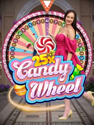 Une animatrice en robe rose pose devant la roue de Candy Wheel, un jeu de roue en direct décoré de bonbons et de multiplicateurs