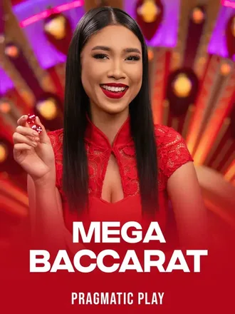 Mega Baccarat en direct, croupière en robe rouge à la table de baccarat du studio