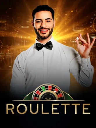 Un croupier souriant en nœud papillon noir présente Roulette, une table de roulette en direct au cylindre doré