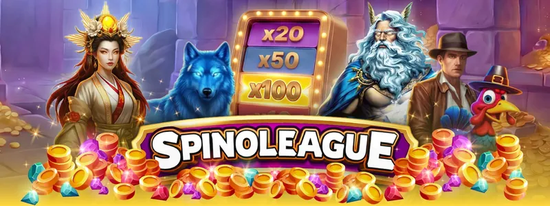 Logo Spinoleague entouré de personnages de machines à sous et de pièces d'or