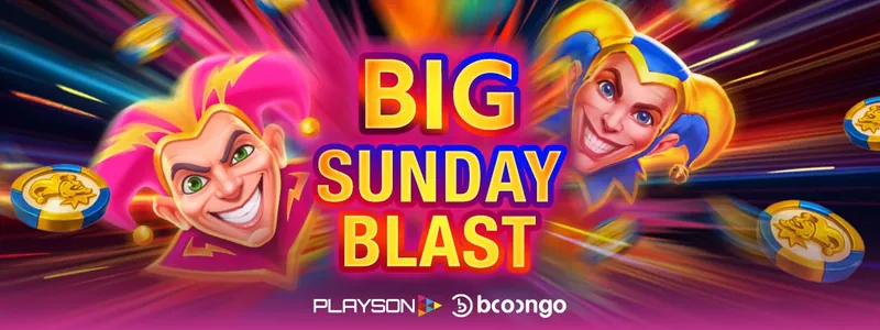 Deux bouffons souriants autour du logo Big Sunday Blast de Playson et Booongo