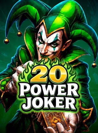 Entouré de flammes vertes, le joker en costume vert de 20 Power Joker vous tend sa carte, dans une machine à sous consacrée au joker