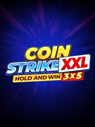 Des lettres dorées et rouges sur un fond bleu nuit signent Coin Strike XXL, une machine à sous rétro de 3 x 5 où les pièces Strike déclenchent le Hold and Win