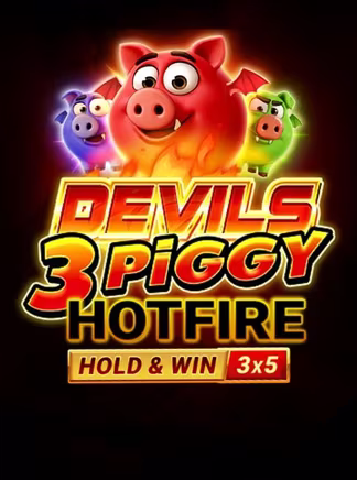 Trois cochons à ailes de diable volent au-dessus du titre en flammes de Devils 3 Piggy Hotfire, une machine à sous Hold & Win jouée sur une grille de 3 x 5