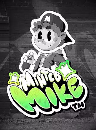Casquette vissée sur la tête, le héros de Minted Mike pose devant un mur de briques tagué, dans une machine à sous street art où des stickers à effets tombent sur la grille