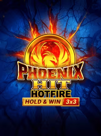 Un phénix de feu jaillit d'un médaillon doré sur fond bleu craquelé pour Phoenix Hit Hotfire, un Hold & Win compact joué sur une grille de 3 x 3