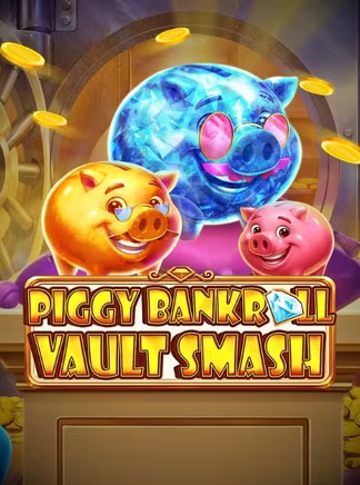 Trois tirelires, dorée, rose et en cristal bleu, gardent la porte du coffre-fort de Piggy Bankroll Vault Smash, une machine à sous sur le thème des tirelires et de la chambre forte