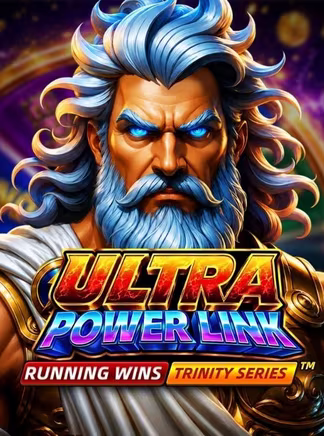 Un dieu aux cheveux bleus et aux yeux lumineux veille sur Ultra Power Link, une machine à sous de la série Trinity avec la fonction Running Wins
